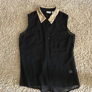 Gold glitter collared sheer tank