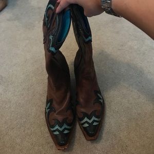 Brown black and turquoise Tony Lama cowboy boots