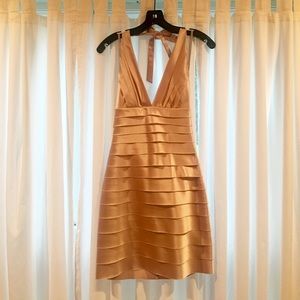 BCBGMAXAZRIA Champagne Layered Halter Dress