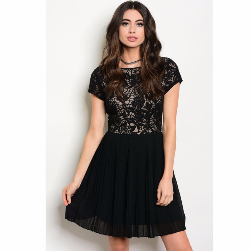 Black Dress with Lace & Pleated Skirt