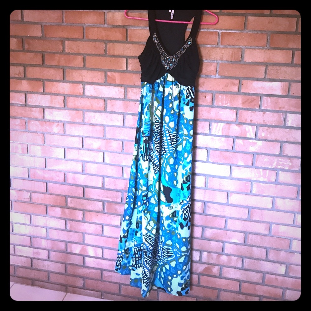 Jeweled Neckline Printed Maxi Dress