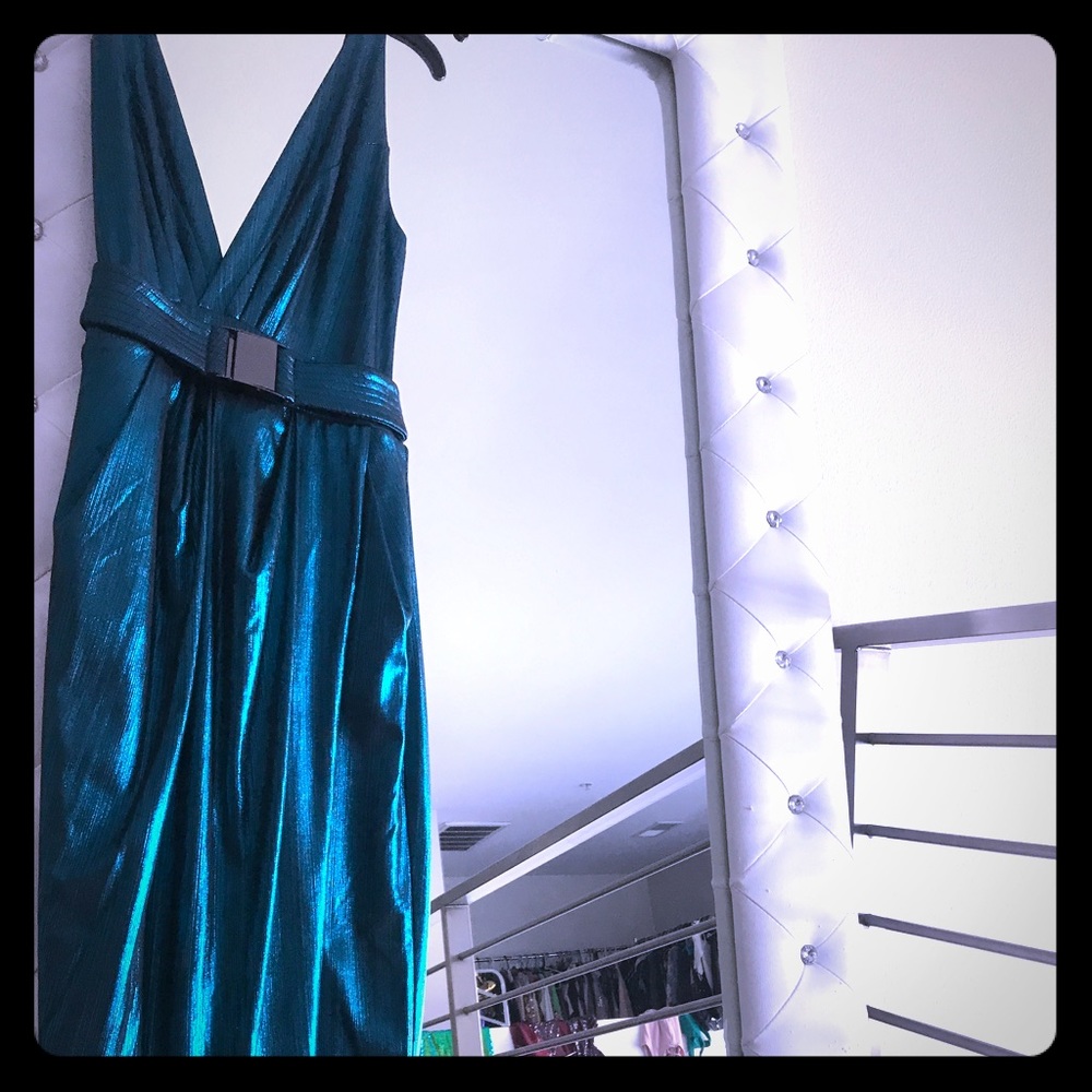 Metallic green high slit dress