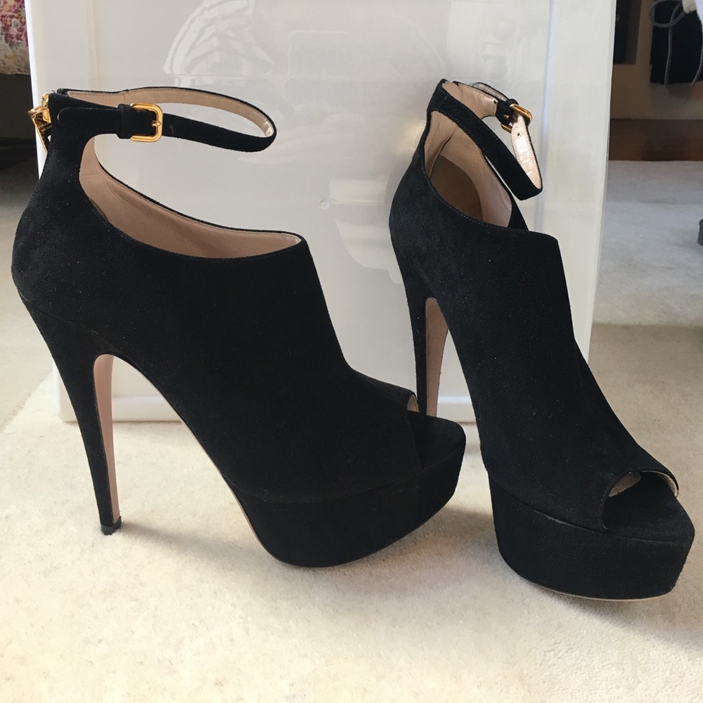 Prada Peep-Toe Suede Platform Ankle Boogs