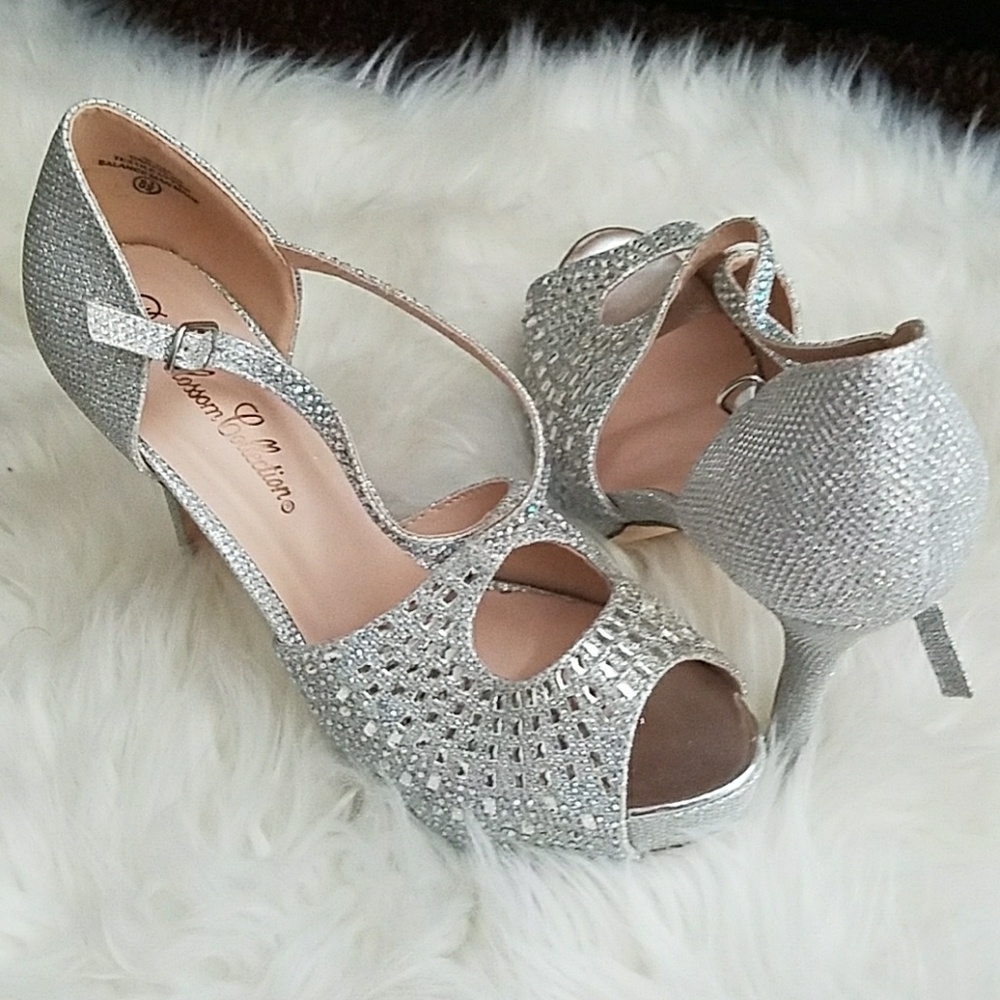 Silver rhinestone heels