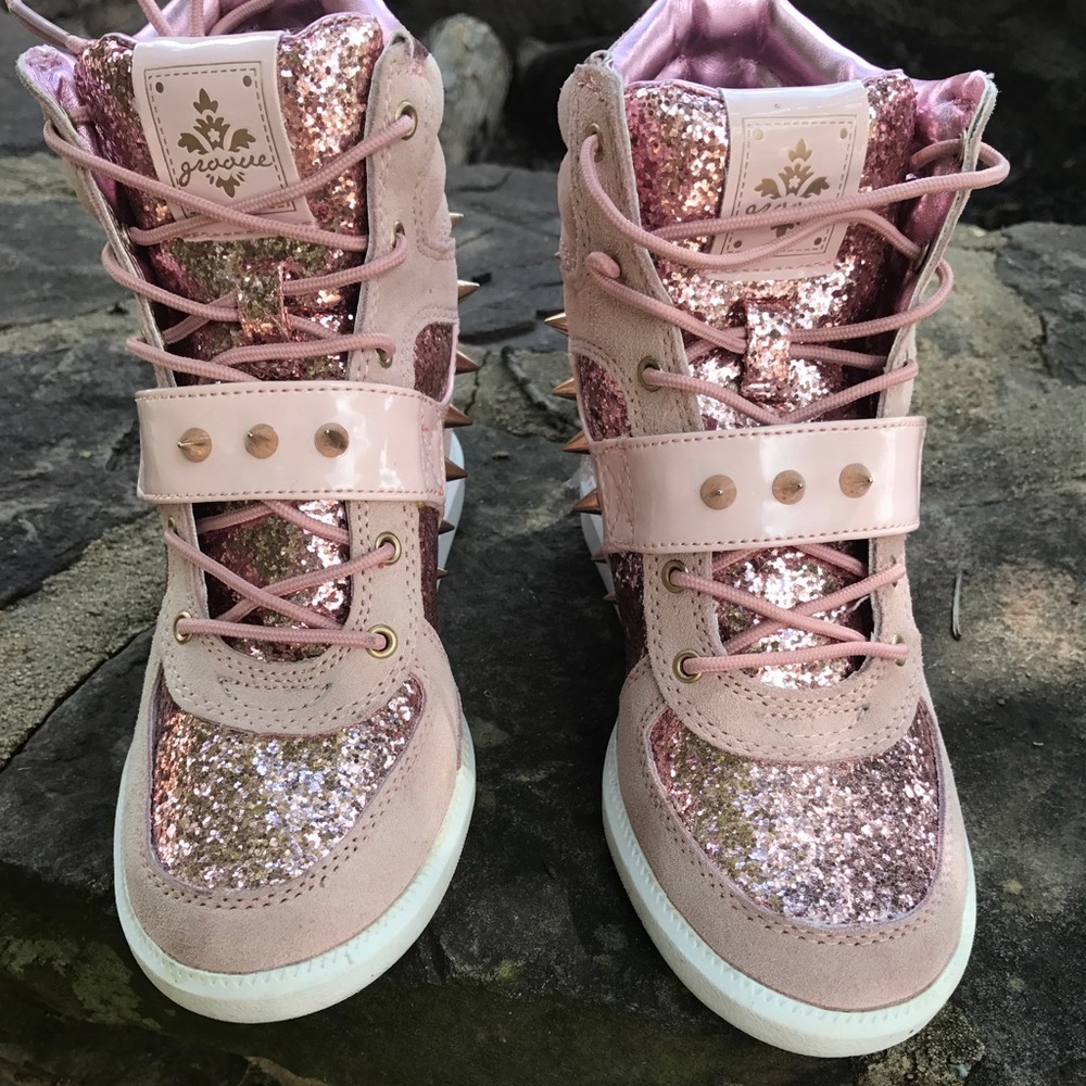 Wedge heal, pink sparkly, spiked heal, sneakers