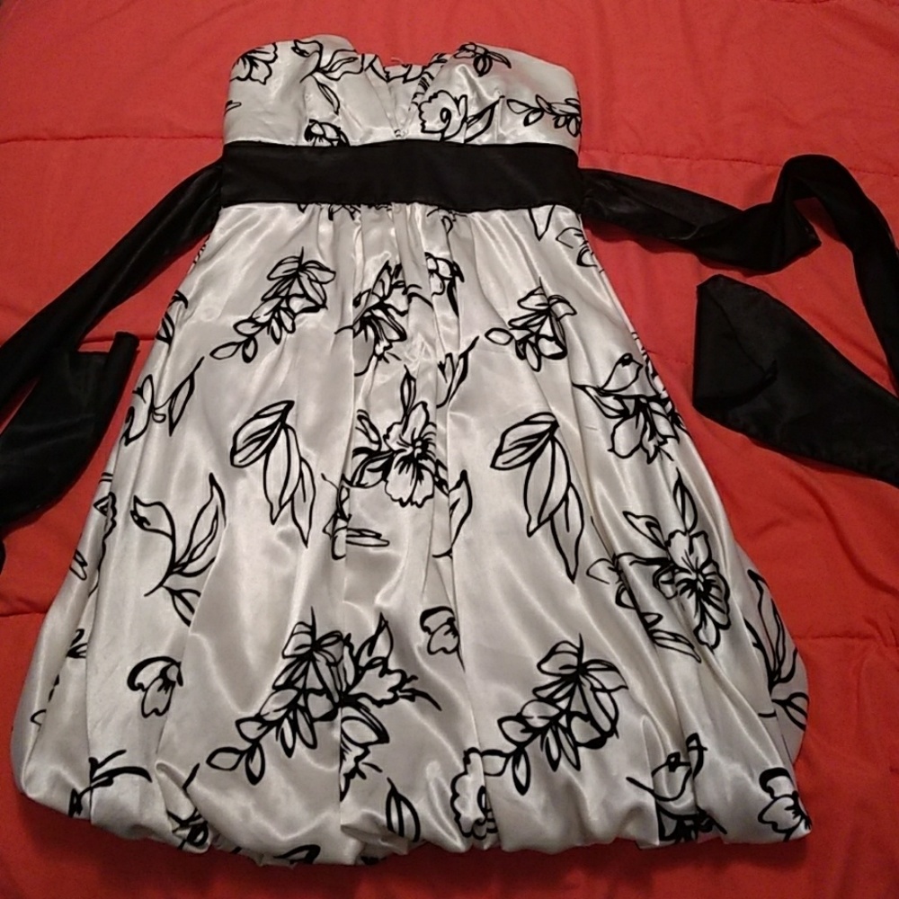 Black and off white flowered dress.