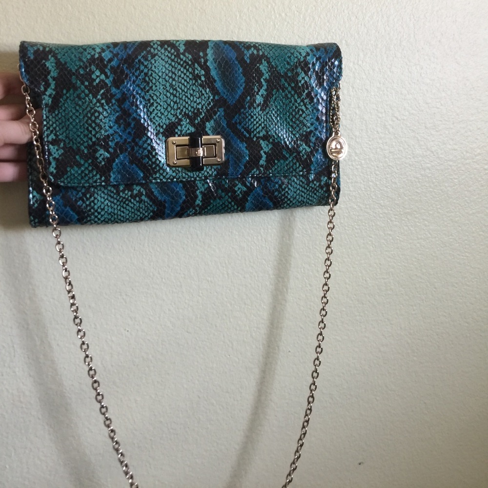Green/blue snakeskin clutch