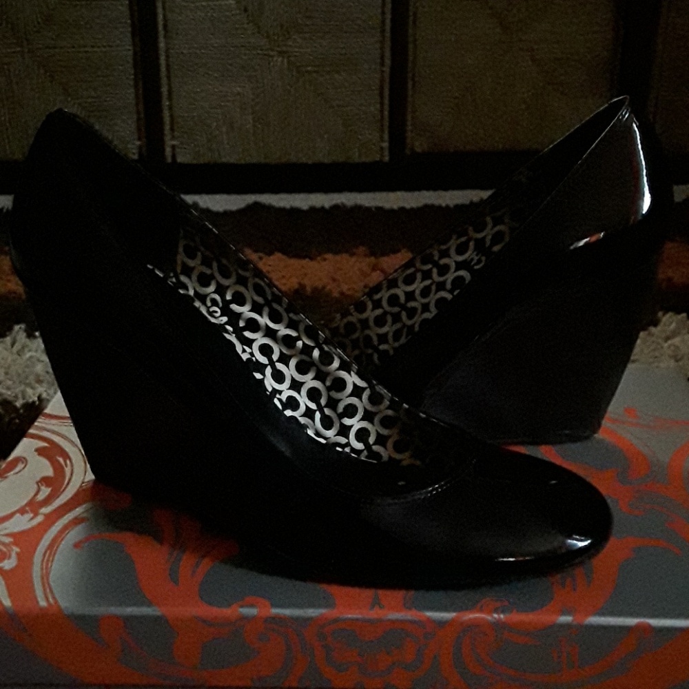 Coach Black Patent Leather Wedge Heels