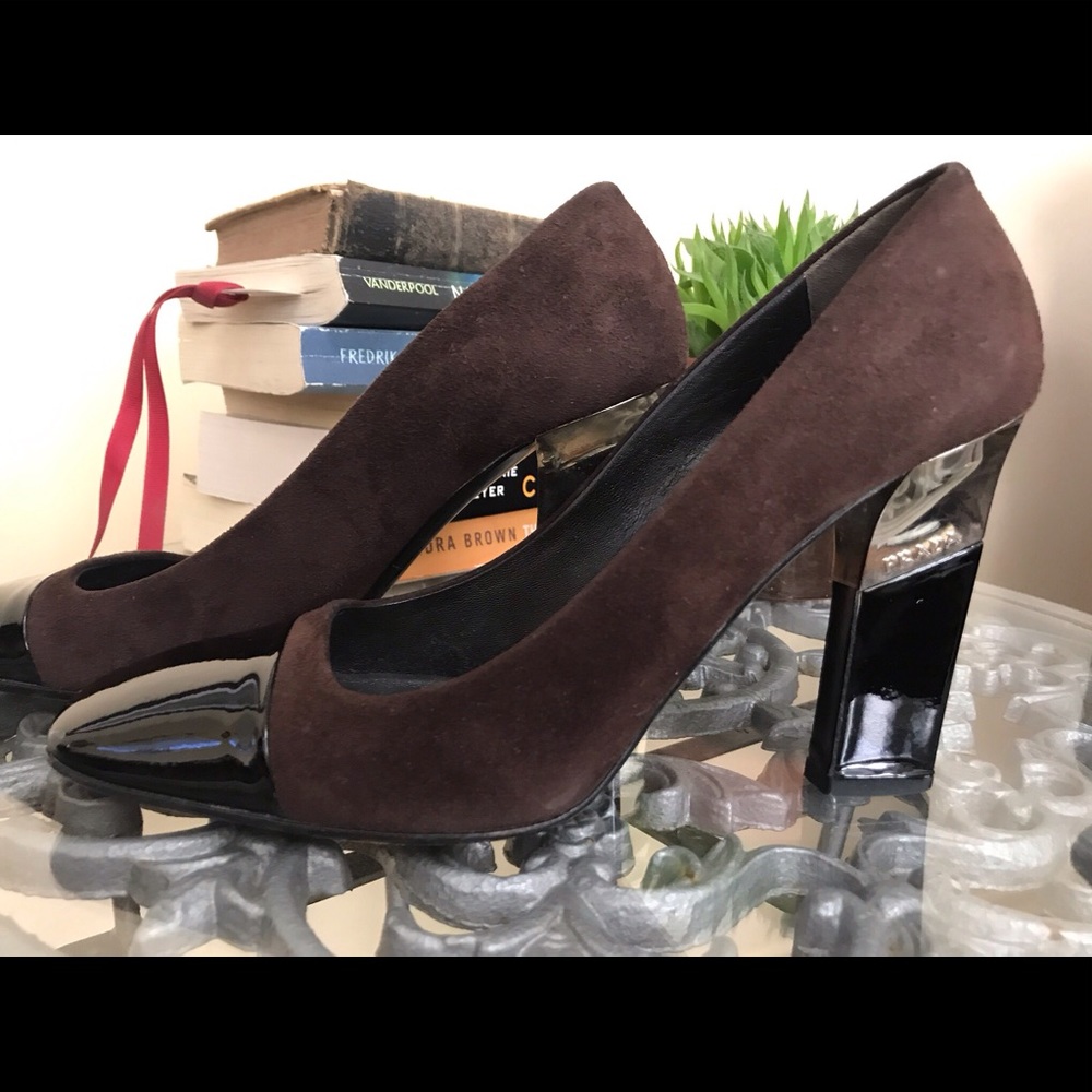 Prada heels, Black patent toe/heel brown suede