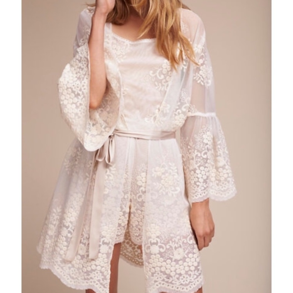 Bhldn white lace robe + romper set size small