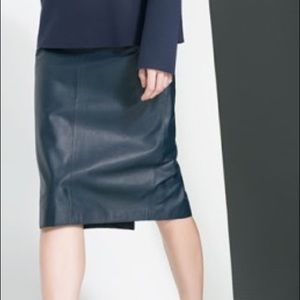 Zara blue green faux leather midi skirt size S