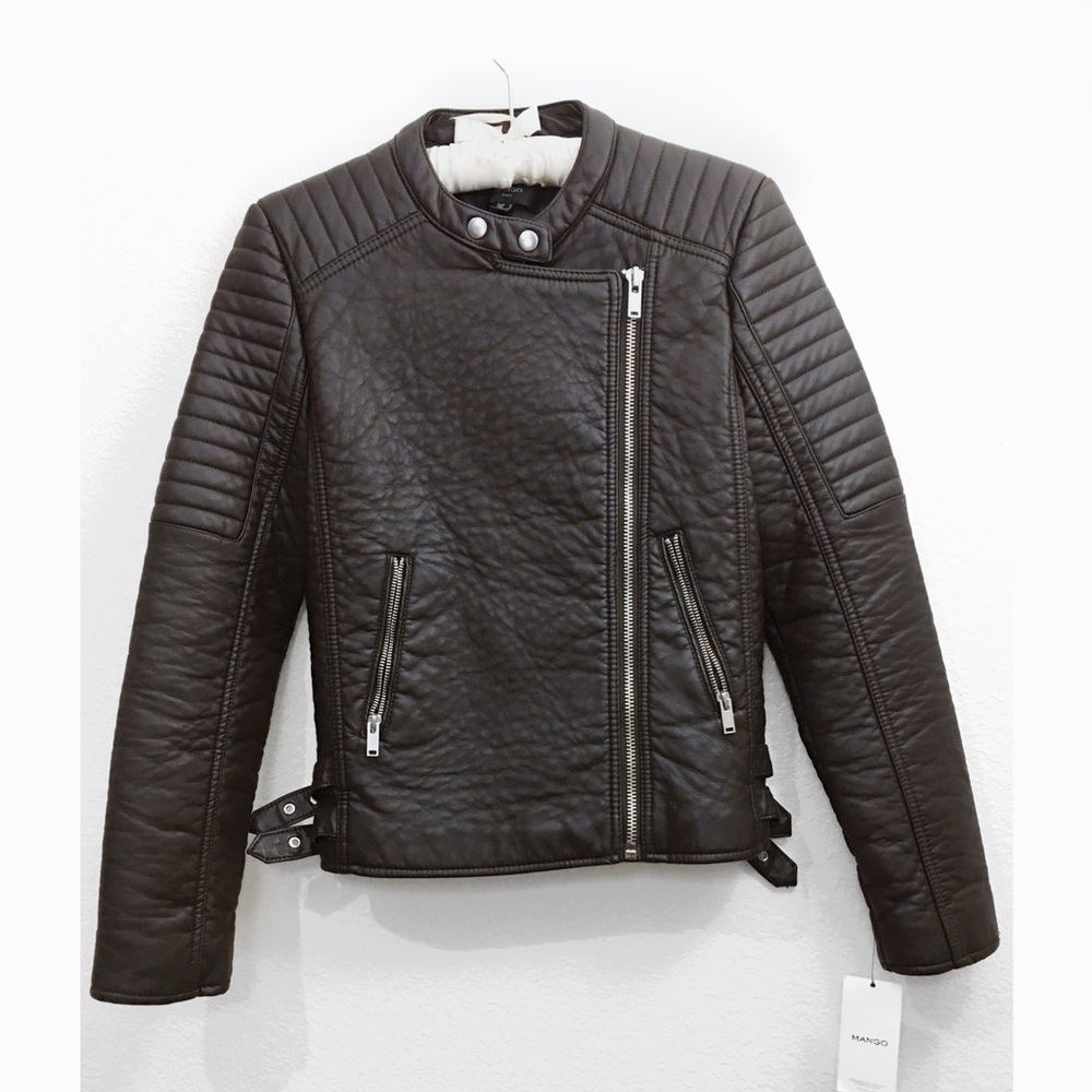 MANGO  Faux Leather Biker Jacket - Dark Brown