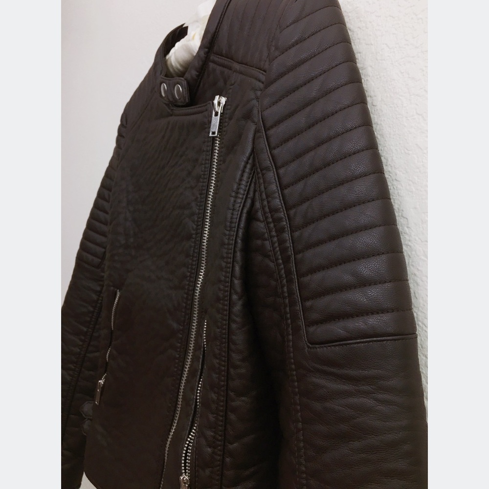 MANGO  Faux Leather Biker Jacket - Dark Brown - Picture 3 of 8