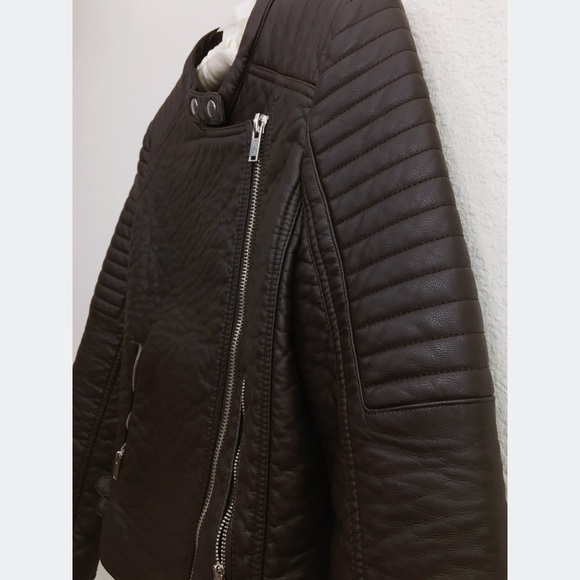 MANGO  Faux Leather Biker Jacket - Dark Brown - Picture 3 of 8