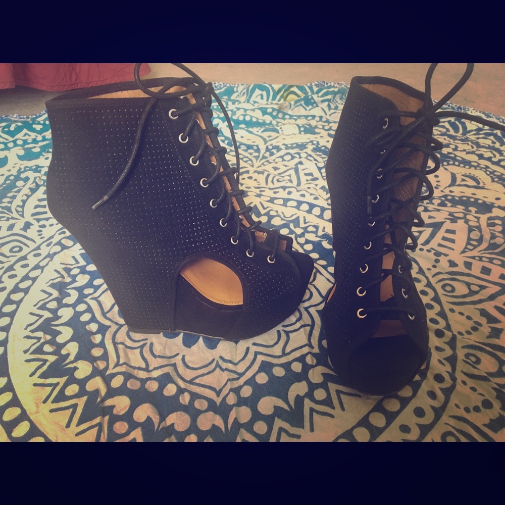 Black Suede Perforated Platform Wedge Bootie