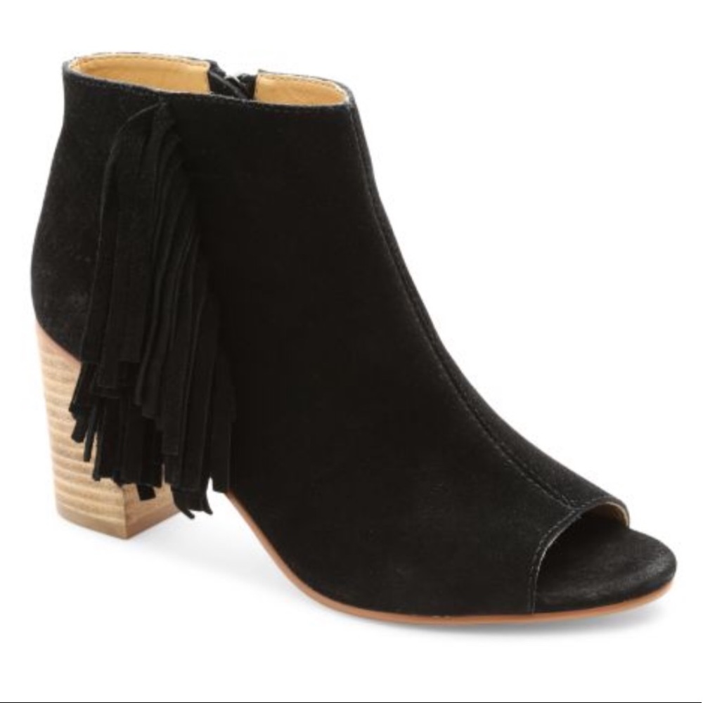 Kensie Suede peep-toe fringe booties black  Brown