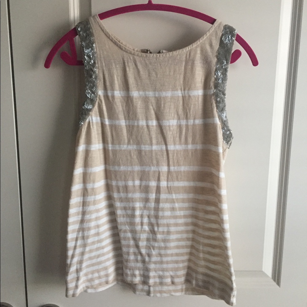 J. Crew- Beige and White Stripe Tank with Sequin