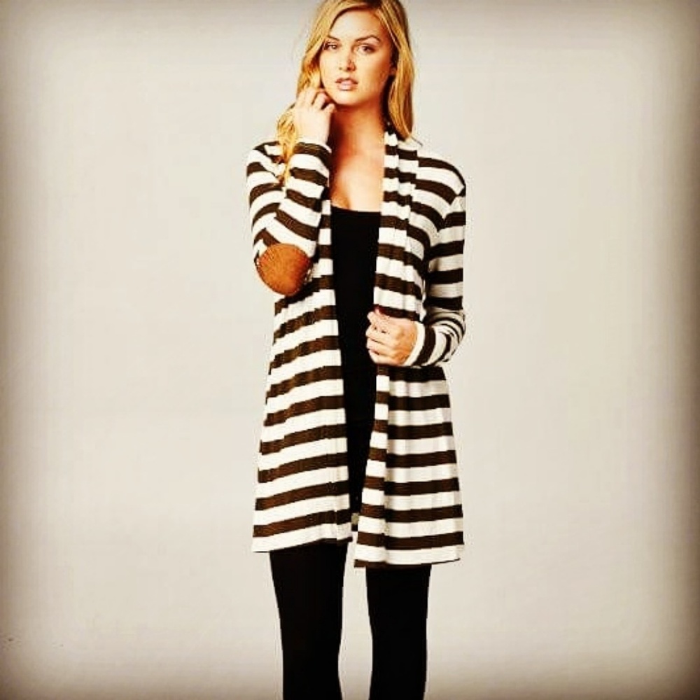 Striped faux suede elbow patch cardigan