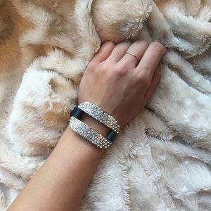 Black leather and rhinestone buckle bracelet