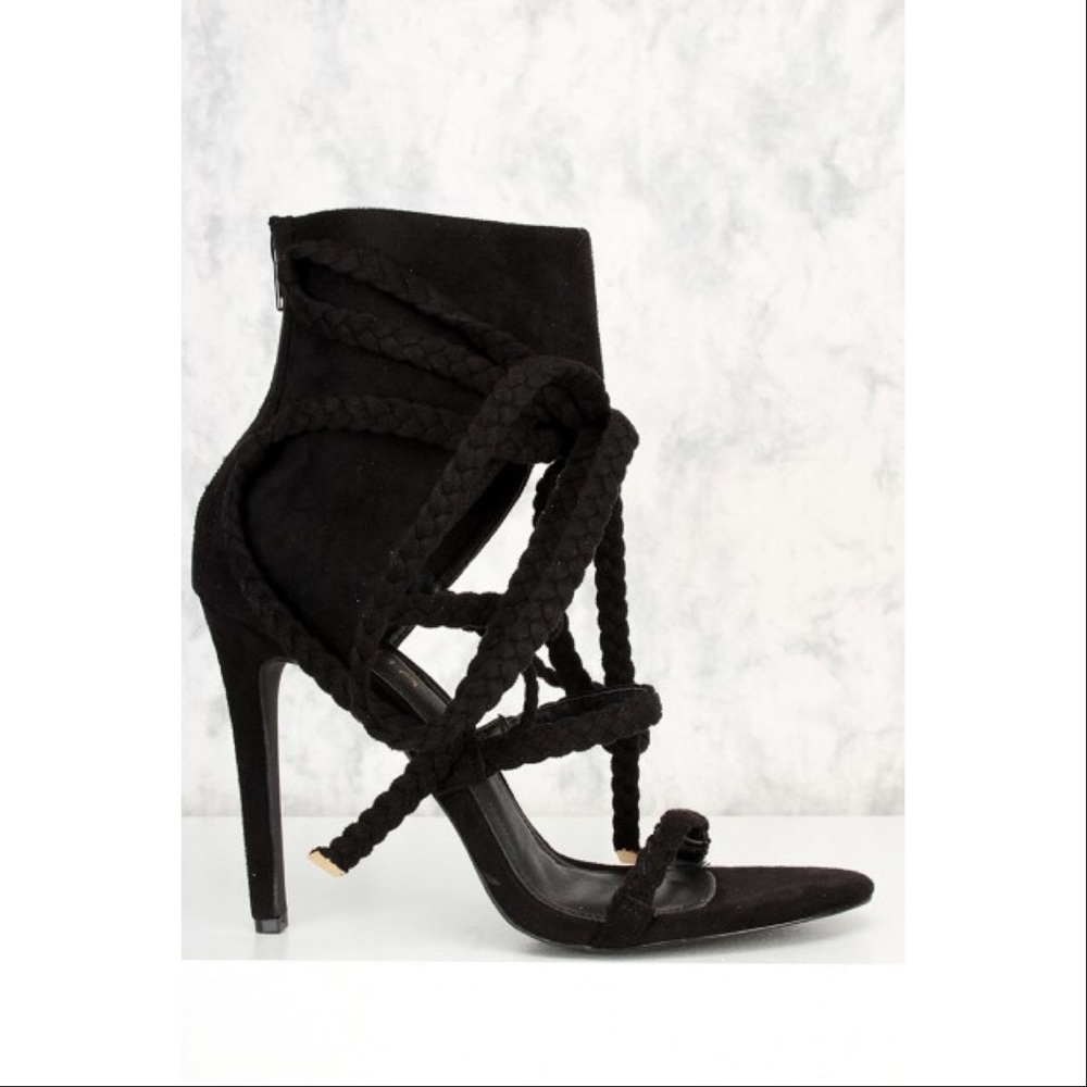 Black Strappy Braided Peep Toe High Heel Sandal - Picture 2 of 3