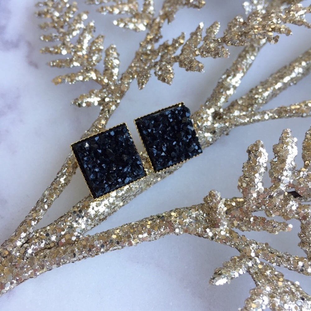 Gold & Black Square Druzy Earrings