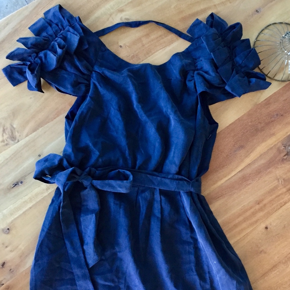 Blue silk blend ruffle cap sleeve backless dress