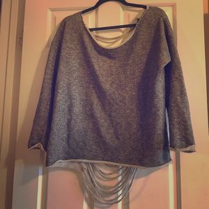 Heather gray off shoulder shredded back sweater