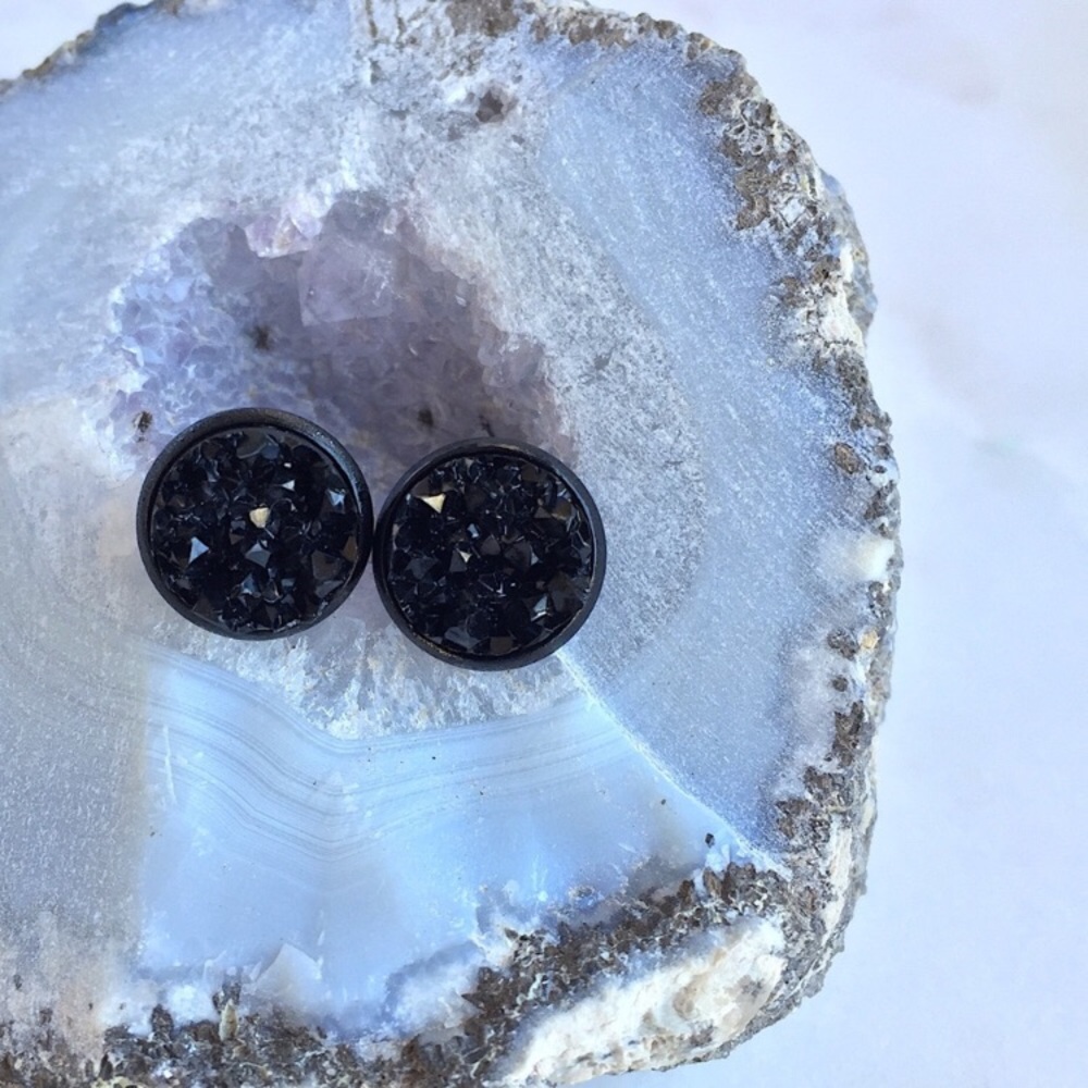 Round Black Druzy Earrings