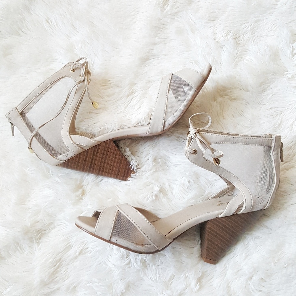 Qupid Mesh Stacked Heel Sandals