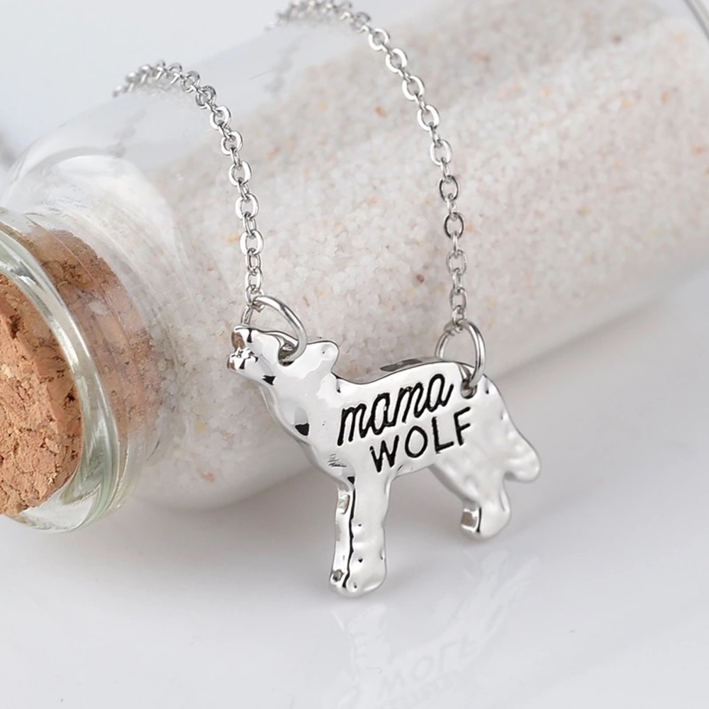 Silver plated mama wolf necklace