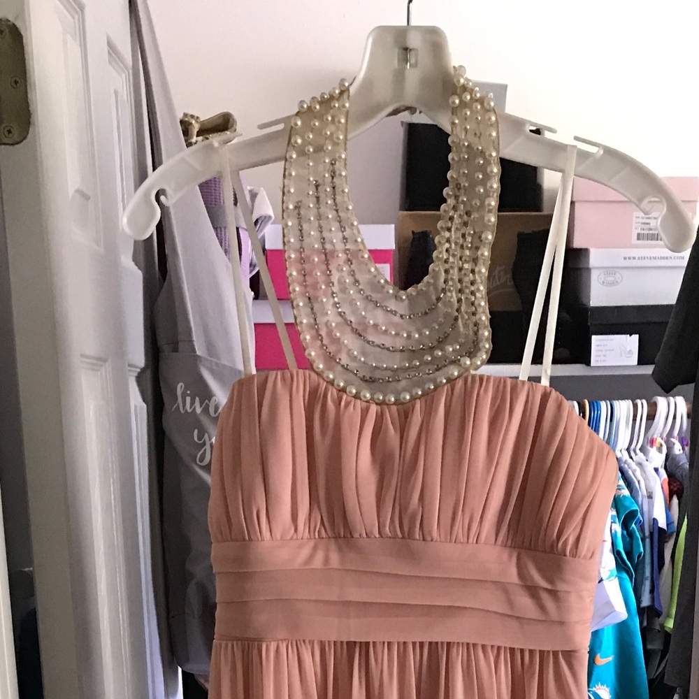 Pearl embellished pink halter evening gown