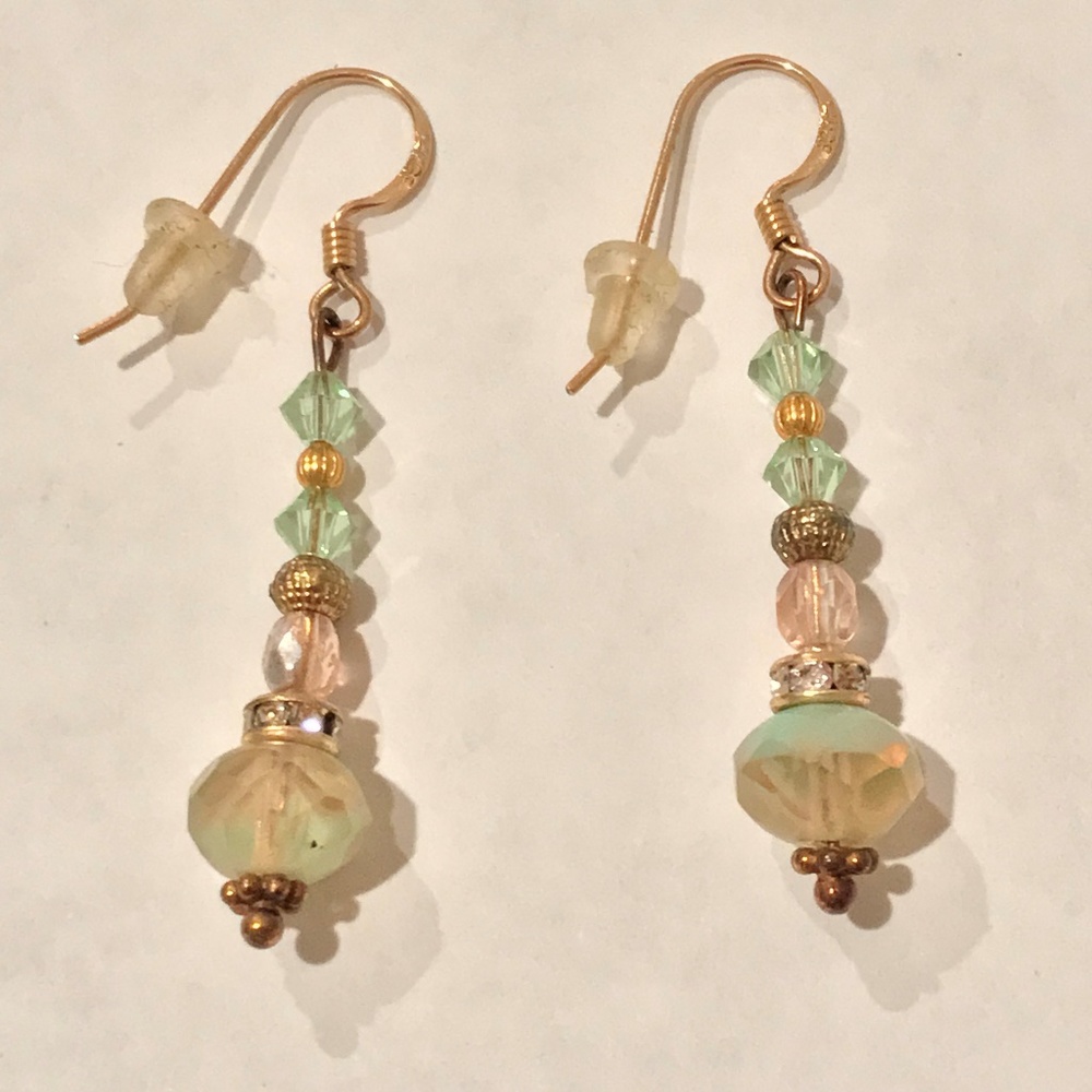 14K GF Mint Green/Peach Beads & Crystal Earrings