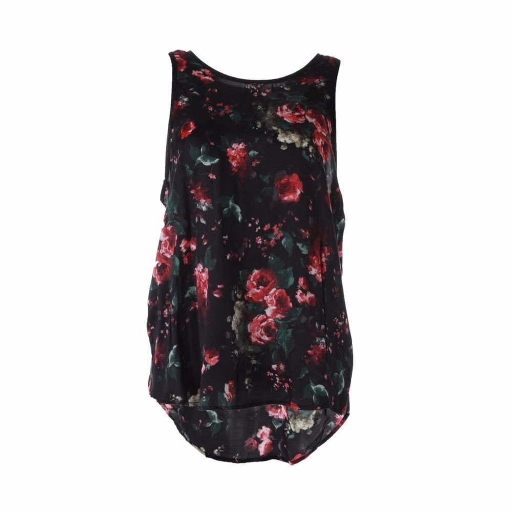 Charles Henry Faux Leather Trim Rose Floral Top
