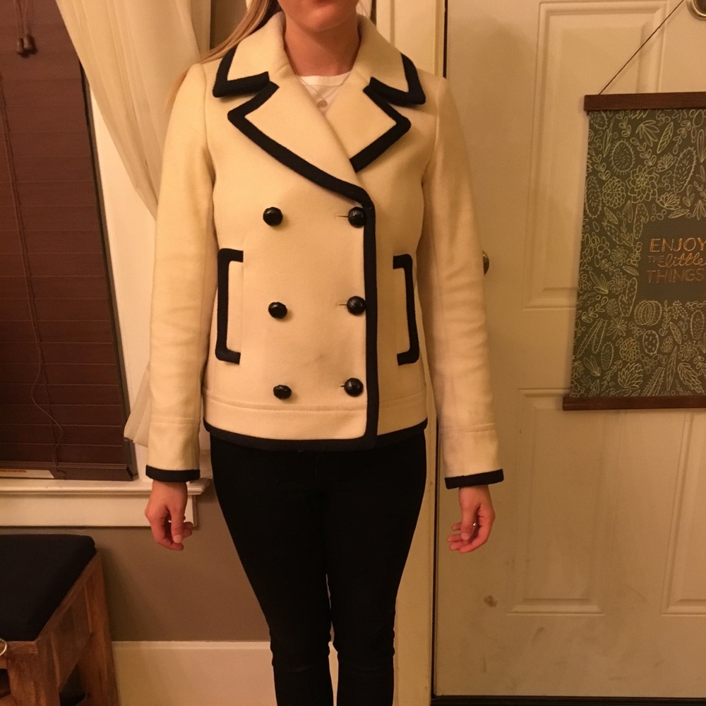 J Crew wool peacoat cream and dark navy trim