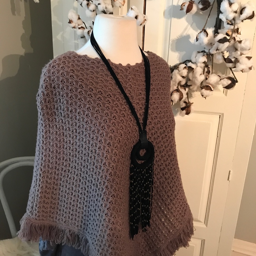 Taupe Brown knitted poncho with fringe