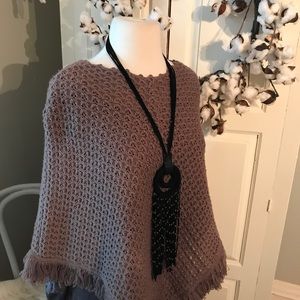 Taupe Brown knitted poncho with fringe