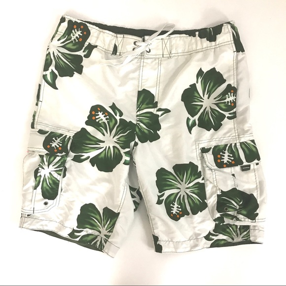 hawaiian print swim trunks
