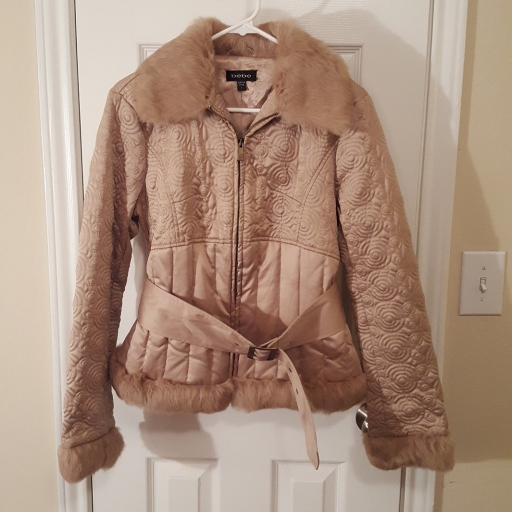 Bebe faux fur trimmed belted coat