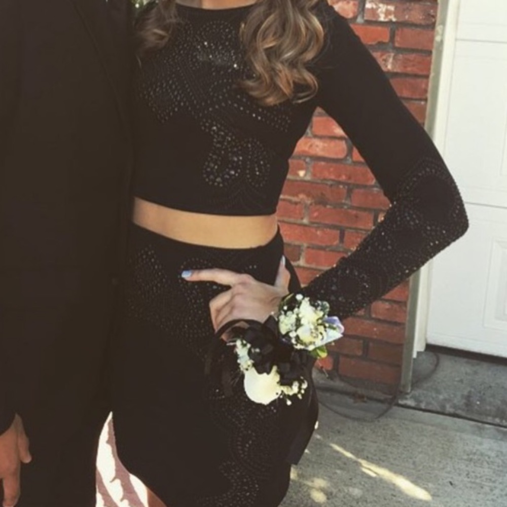 black two piece homecoming dress w rhinestones