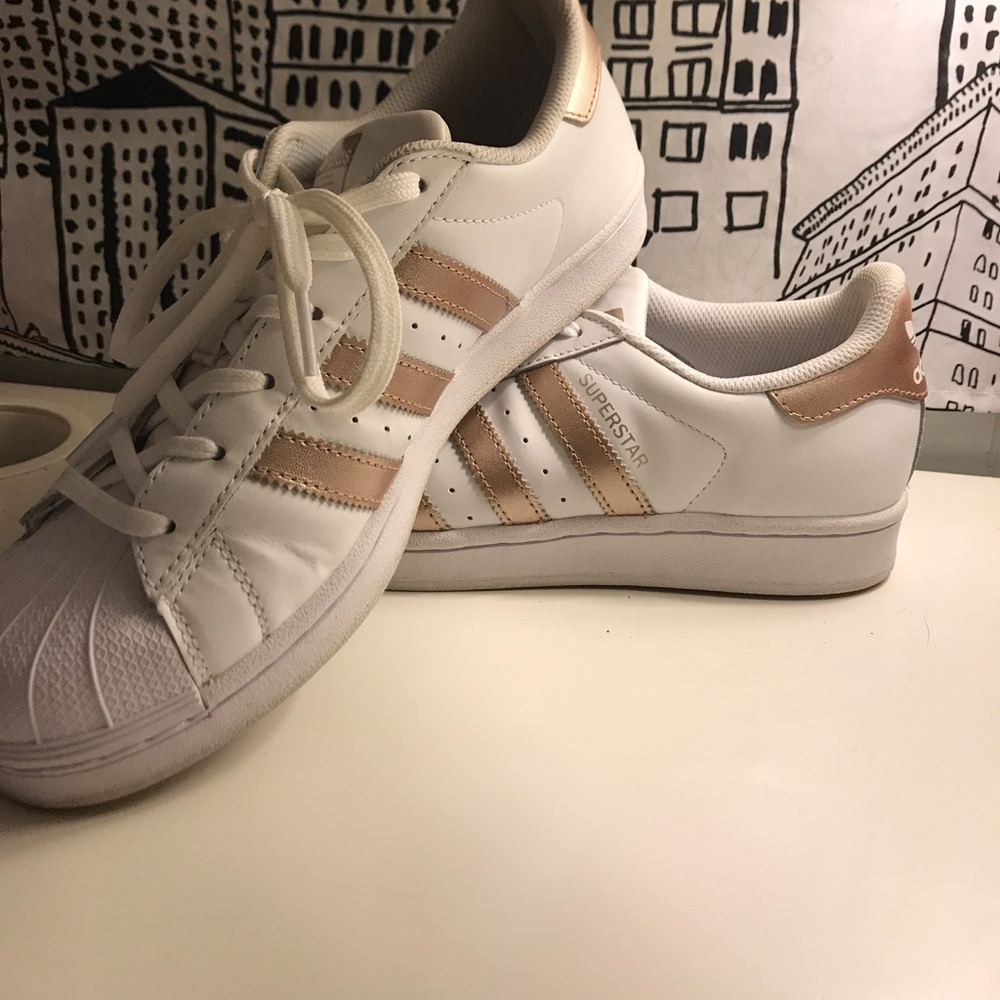 White and Rose gold Adidas Superstars