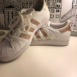 White and Rose gold Adidas Superstars
