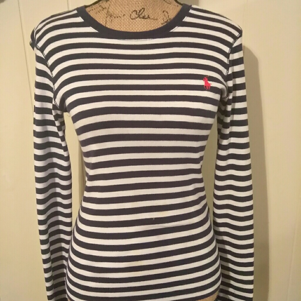 Long sleeve navy and white stripped polo