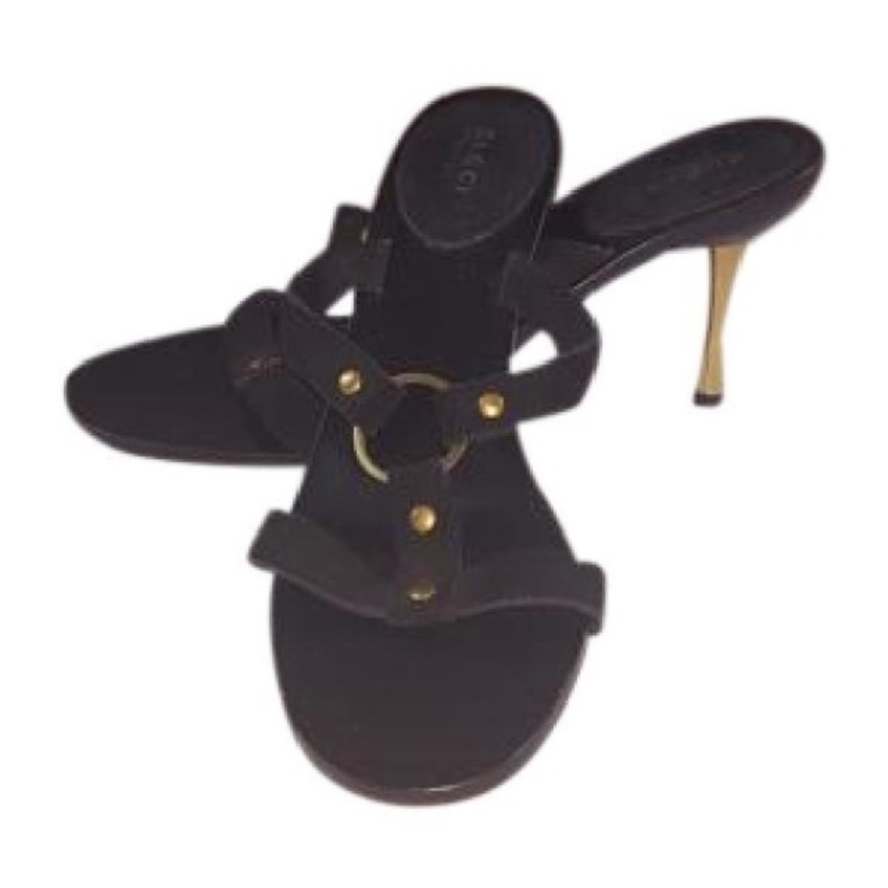 GUCCI Black suede sandal with gold hardware & heel