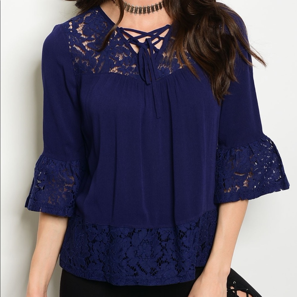 [Available] Blue Lace Top with Trumpet 3/4 Sleeves - Picture 2 of 3