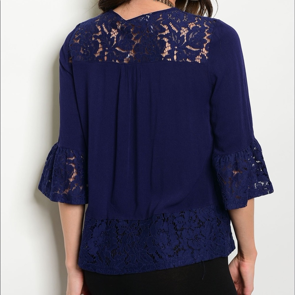 [Available] Blue Lace Top with Trumpet 3/4 Sleeves - Picture 3 of 3