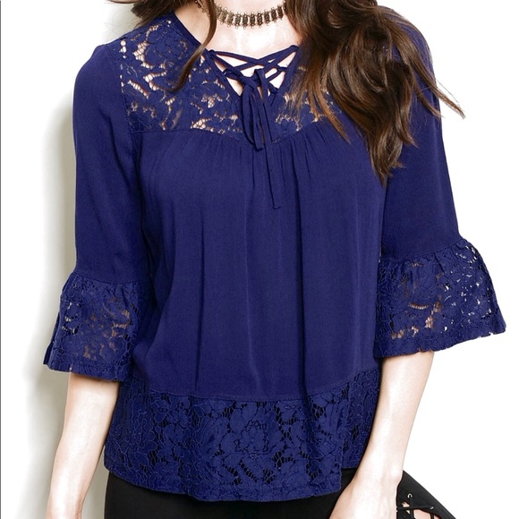 Tops - [Available] Blue Lace Top with Trumpet 3/4 Sleeves