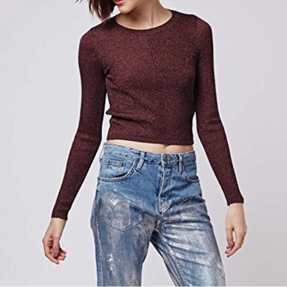 Diagonal Rib Long Sleeve Burgundy Knitted Crop Top