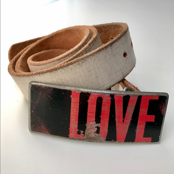 Handmade Distressed LOVE Buckle & Leather Belt - Picture 1 of 5
