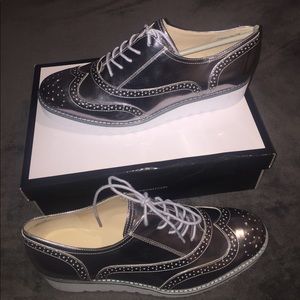 Nine West Metallic Silver Oxfords