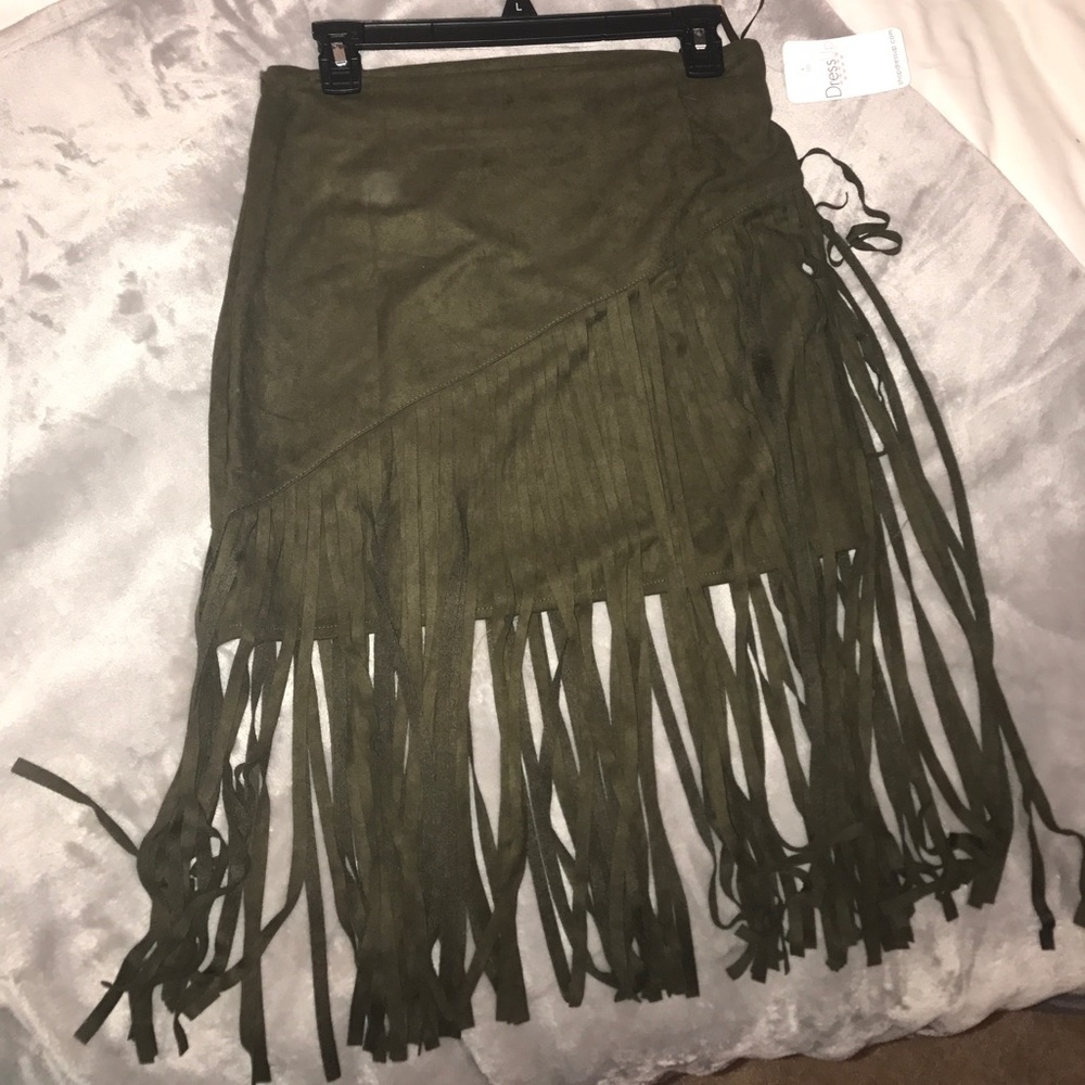 Velvet dark olive green tassel skirt